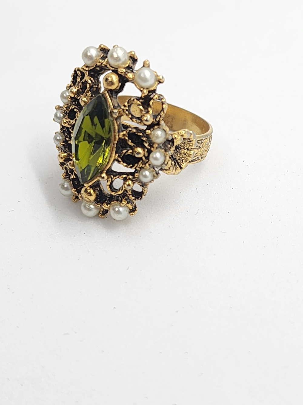 Vintage Gold Tone Filigree Statement Ring Green Rhinestone Faux Pearl